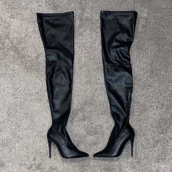 Pleaser Shoes - Pleaser Black Pull On Thigh High Boots with Stiletto Heel